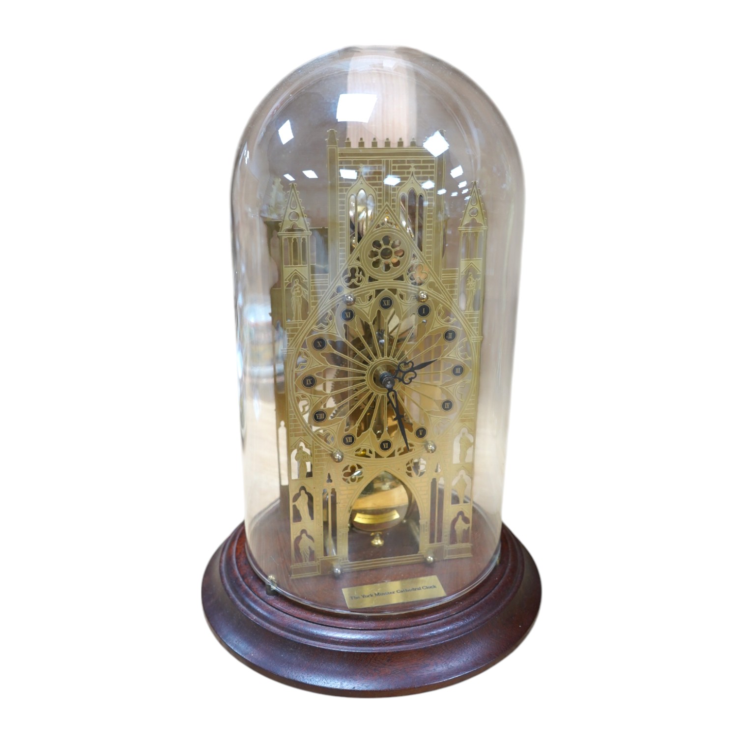 'The York Minster Cathedral Clock' under glass dome, 29cm high. Condition - good, unknown if working